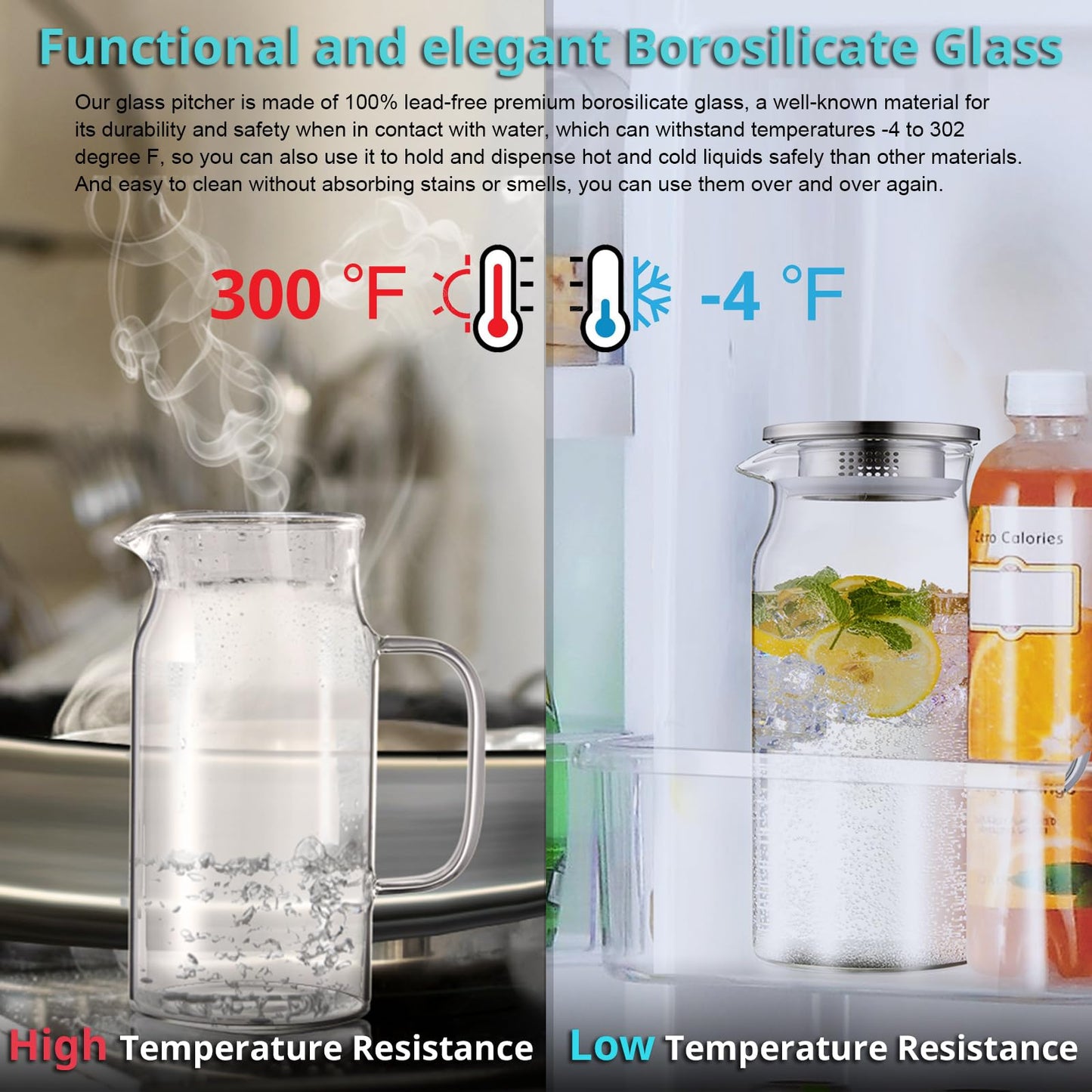 Bivvclaz 2 Pack 1.2 Liter 40 oz Small Glass Pitcher with Lid and Handle, Glass Carafe Water Pitcher for Hot/Cold Water, Iced Tea, Drinks, Coffee, Juice and Homemade Beverage