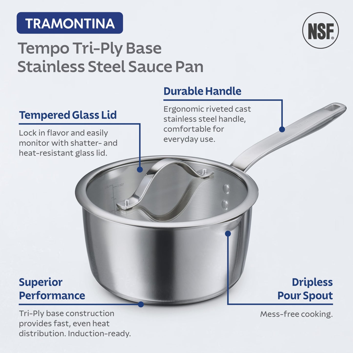 Tramontina Tempo Tri-Ply Base Stainless Steel 3-Quart Sauce Pan with Glass Lid, Induction-Ready Saucepan, Oven-Safe, Dishwasher-Safe