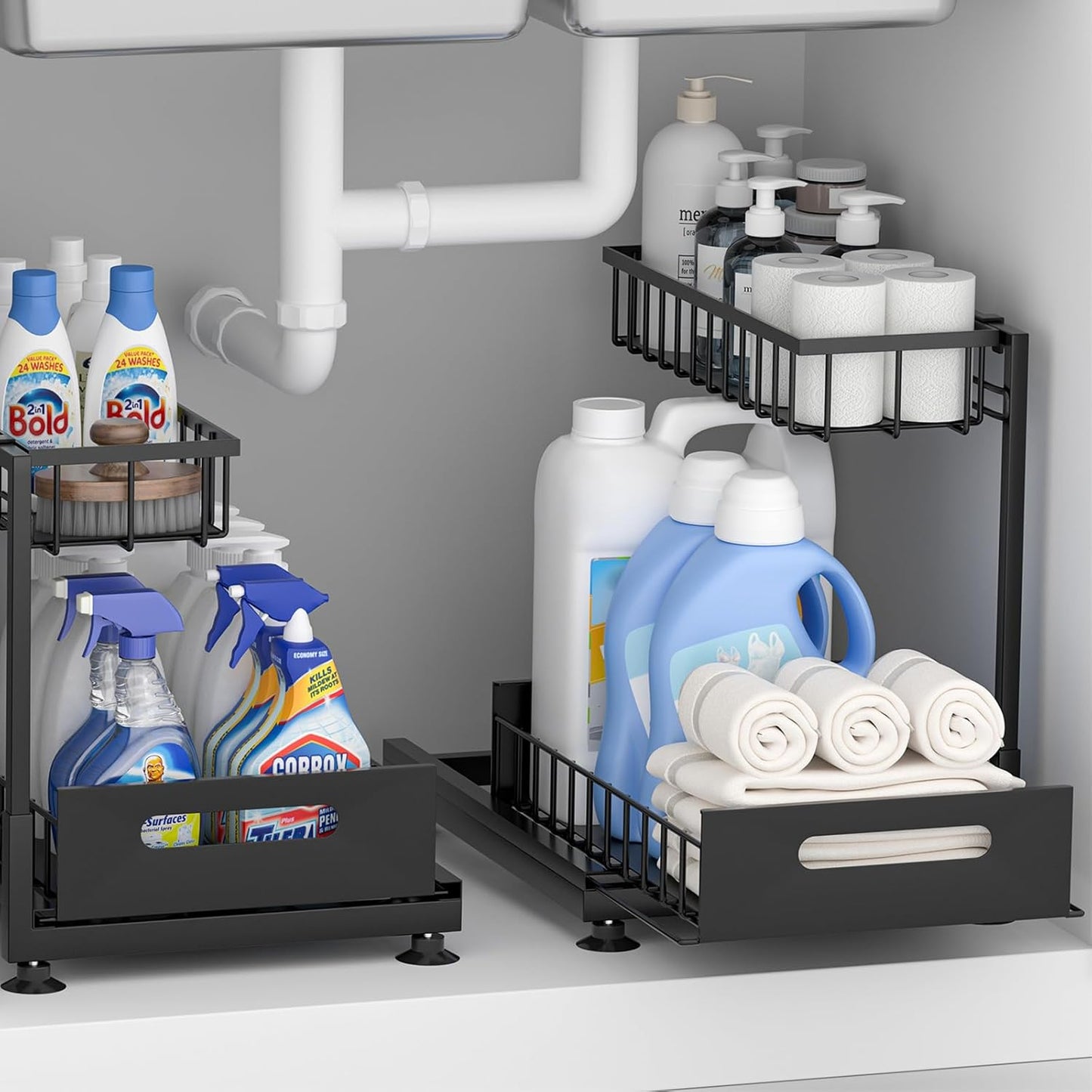 Saydear Under Sink Organizer - 2-Tier Premium Metal Pull-Out Storage with Sliding Drawer | Adjustable Height, Heavy Duty, Black (2 Pack)
