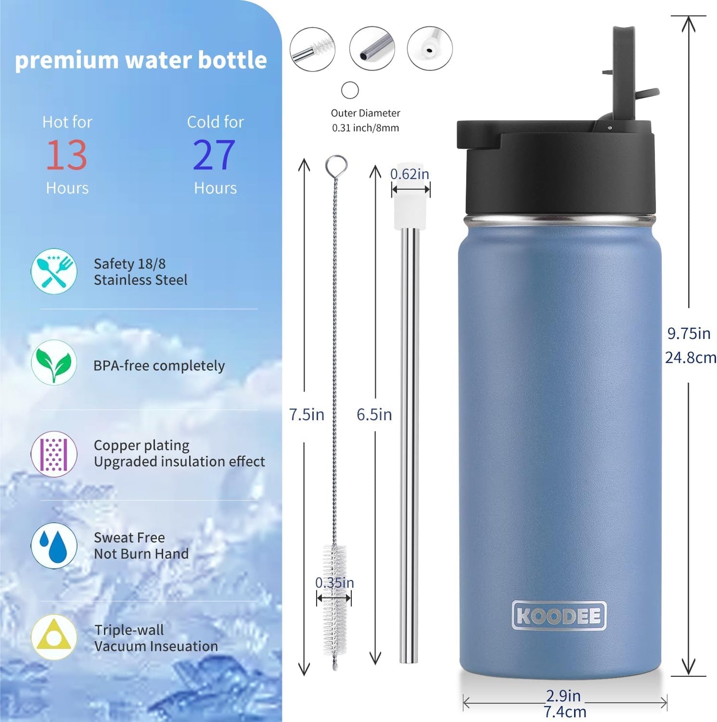 Koodee Kids Stainless Steel Water Bottle - 16 oz Double Wall Insulated Flask with Straw | BPA Free, Royal Blue