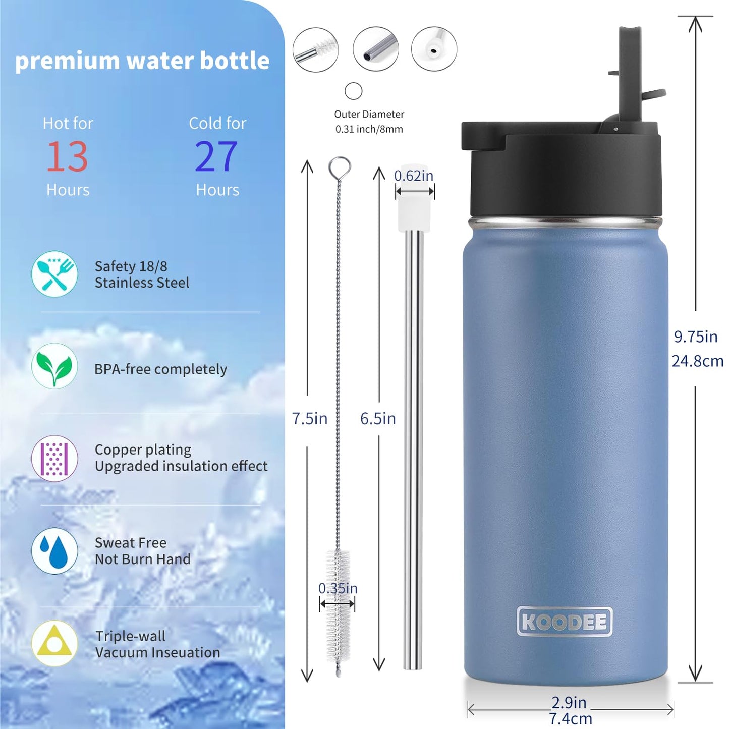 koodee Kids 16 oz Stainless Steel Double Wall Vacuum Insulated Wide Mouth Sports Water Bottle with Straw, Reusable Metal Water Flask for School, BPA Free (Royal Blue)