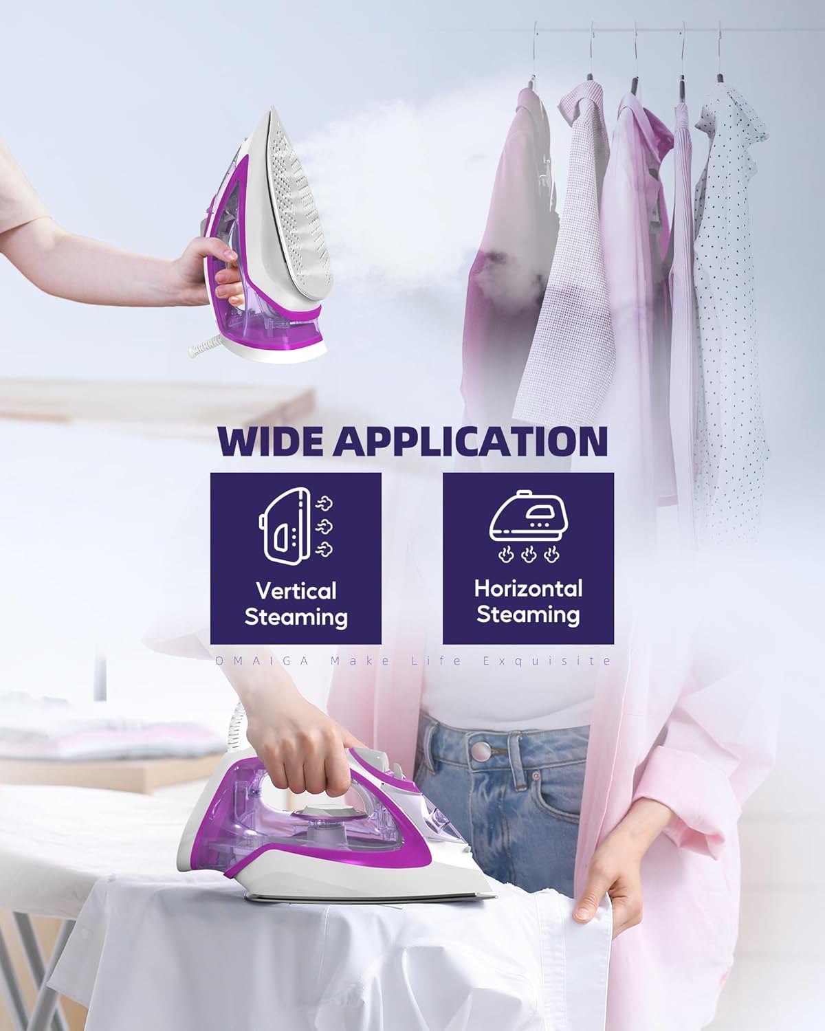 Omaiga Steam Iron - 1750W Fast Heating with Powerful Steam | 15.21oz Water Tank, Ceramic Soleplate