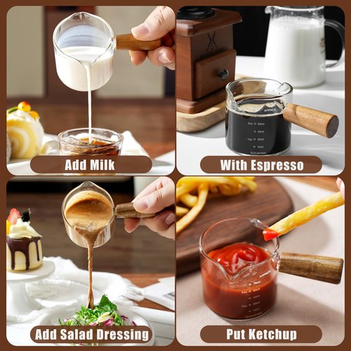 2 Pack Espresso Cups with Wood Handle, 75ML Double Spout Glass Measuring Cup with Dual Scale, Espresso Shot with V-Shaped Mouth, Clear Glass Espresso Accessories, Milk Frothing Pitcher