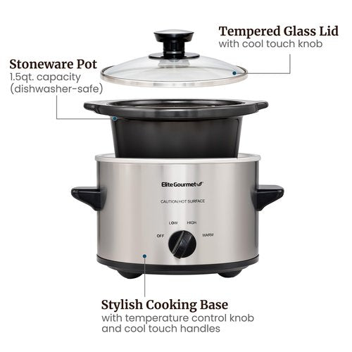Elite Gourmet MST-250XS Electric Slow Cooker Ceramic Pot, Adjustable Temp, Entrees, Sauces, Stews & Dips, Dishwasher Safe Glass Lid & Crock, 1.5 Quart, Stainless Steel