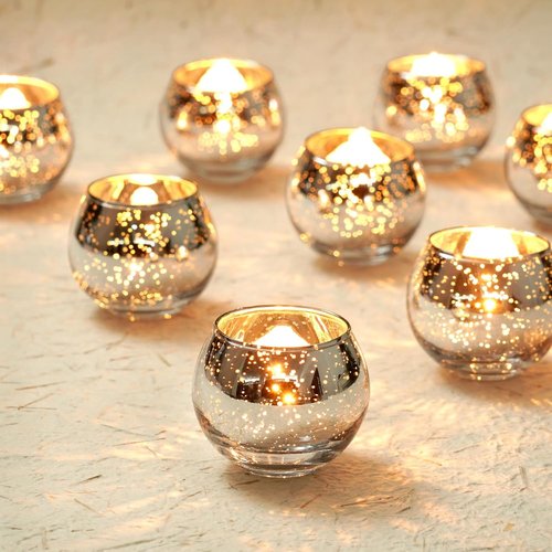 Homemory Silver Votive Candle Holders - 12 Pcs Round Mercury Glass for Weddings & Home Decor