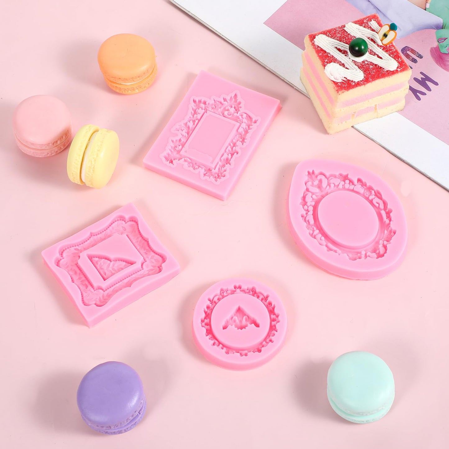 JJUNW 4 Pcs Photo Frame Silicone Molds, Baroque Style Air Dry Clay Molds, Mini Frame Molds Silicone for Cupcake Topper Cake Decoration Chocolate Candy Polymer Clay