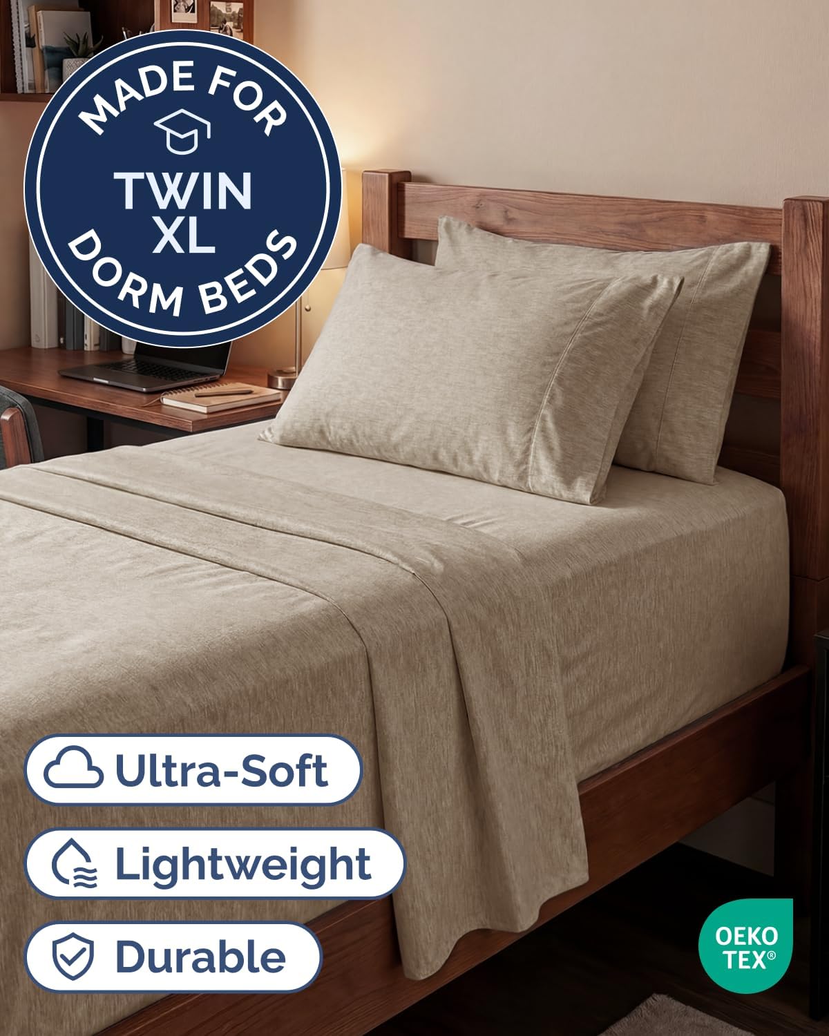 Skiennix Extra Deep Twin XL Sheet Set | 4-Piece Breathable Cooling Bedding - Soft, Wrinkle-Free, Heathered Beige