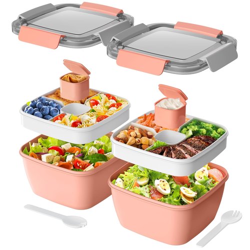 Cherrysea Salad Lunch Box, 2Pack Bowls with 3 Compartments, Leak Proof with Fork - BPA-Free Snack Box with Sauce Container - Pink