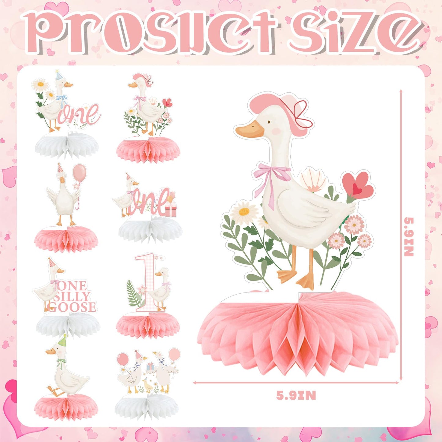 Weekgrat 8 Pcs One Silly Goose Birthday Decorations Silly Goose Birthday Honeycomb Centerpieces Pink 1st Party Supplies for Women Pink Bow Duck Funny Party Supplies