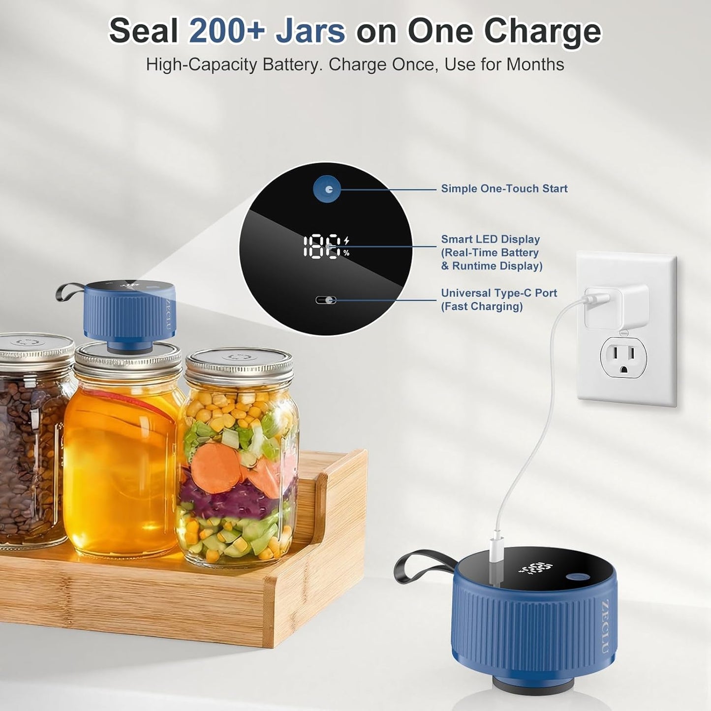 Skiennix Electric Mason Jar Vacuum Sealer Kit - Automatic Wide & Regular Mouth Sealer | Portable Canning Tool with 20 Lids & 24 Labels, Blue