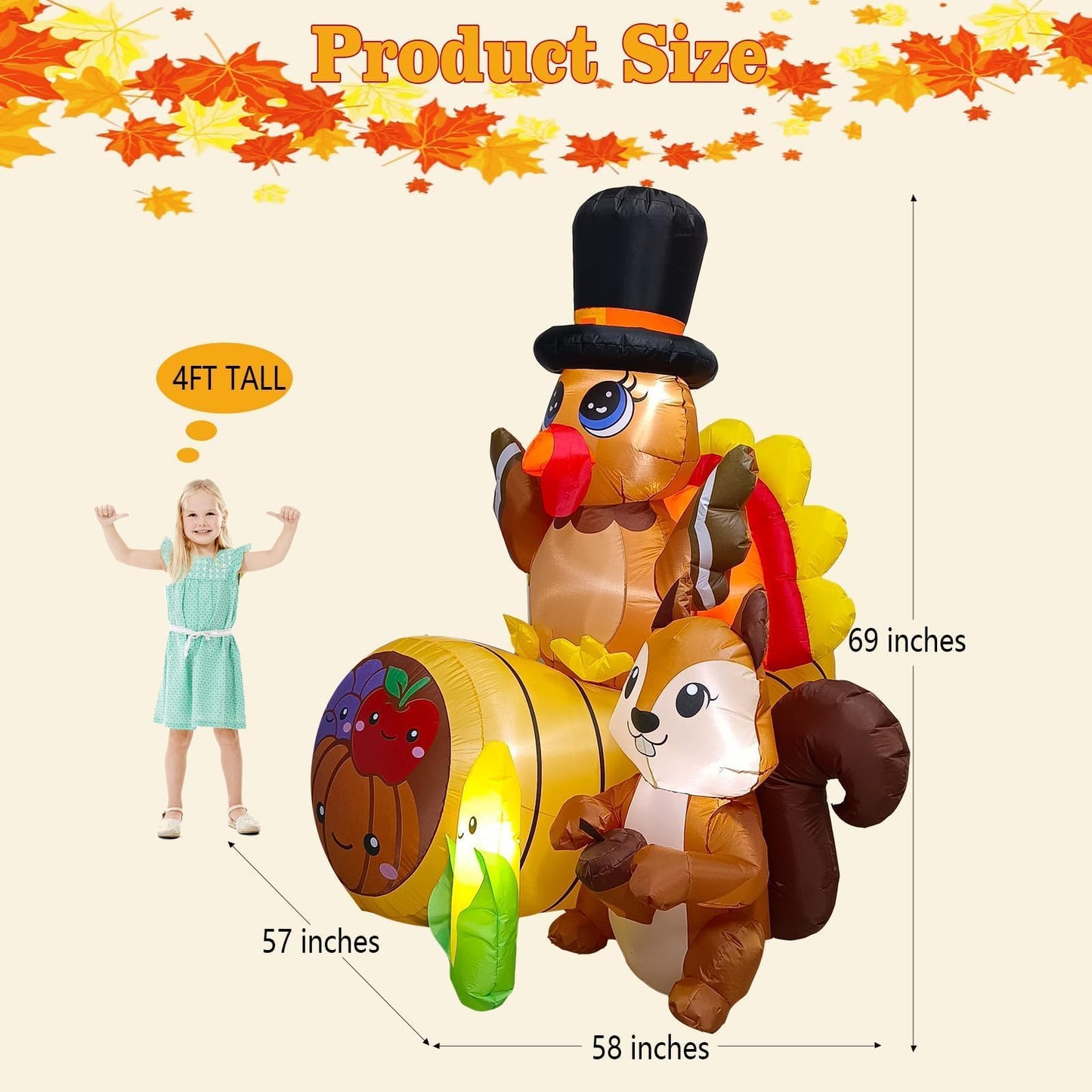 6FT Tall Thanksgiving Inflatables Turkey Decor with Squirrel Corn and Cornucopia, Build in LEDs Blow up Turkey Inflatable Outdoor Indoor Lawn Yard Thanksgiving Decorations - Autumn Holiday Harvest