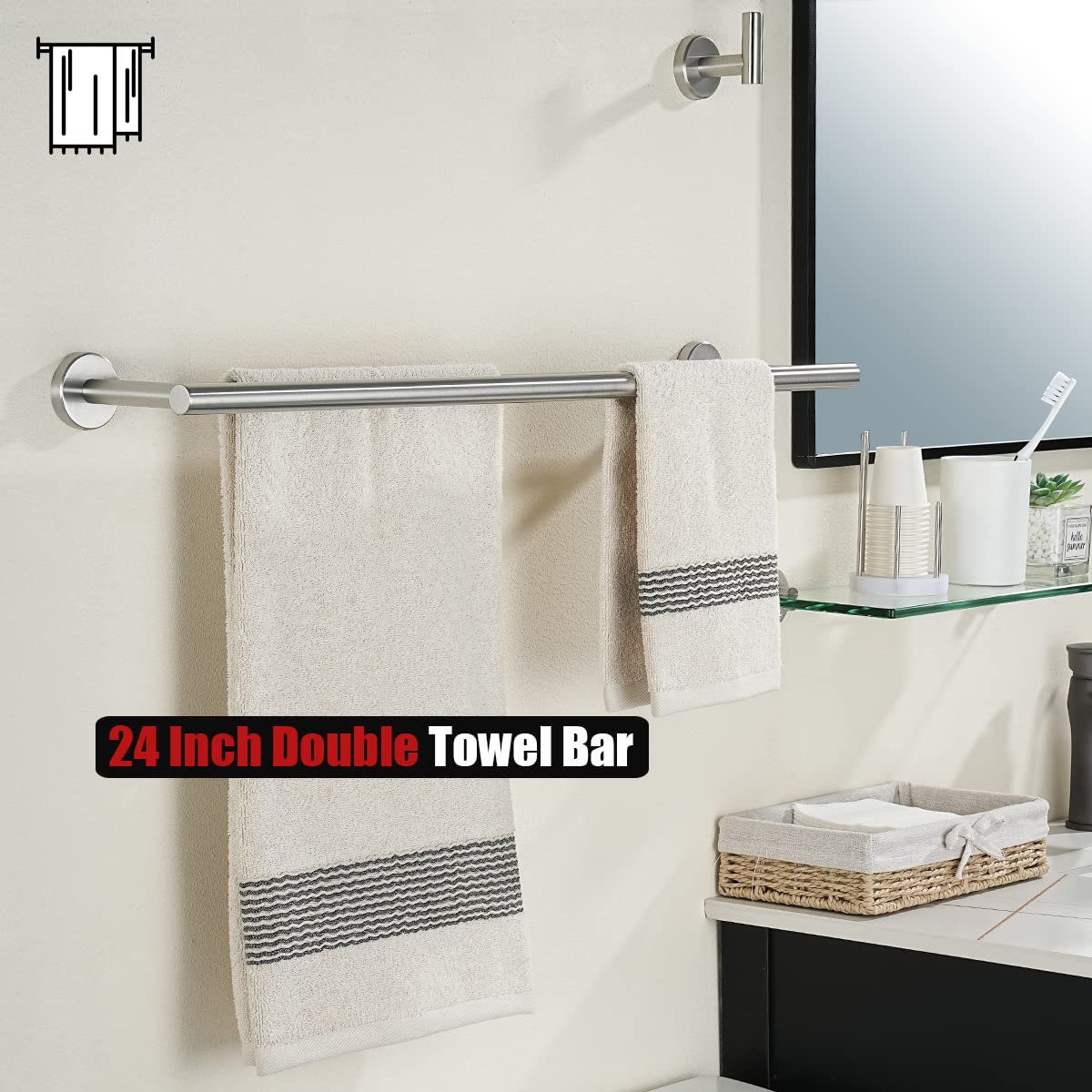 JQK Double Towel Bar, 24 Inch 304 Stainless Steel Thicken 0.8mm Bath Towel Rack for Bathroom, Towel Holder Brushed Wall Mount, Total Length 27.16 Inch 2 Pack, TB100L24-BN-P2