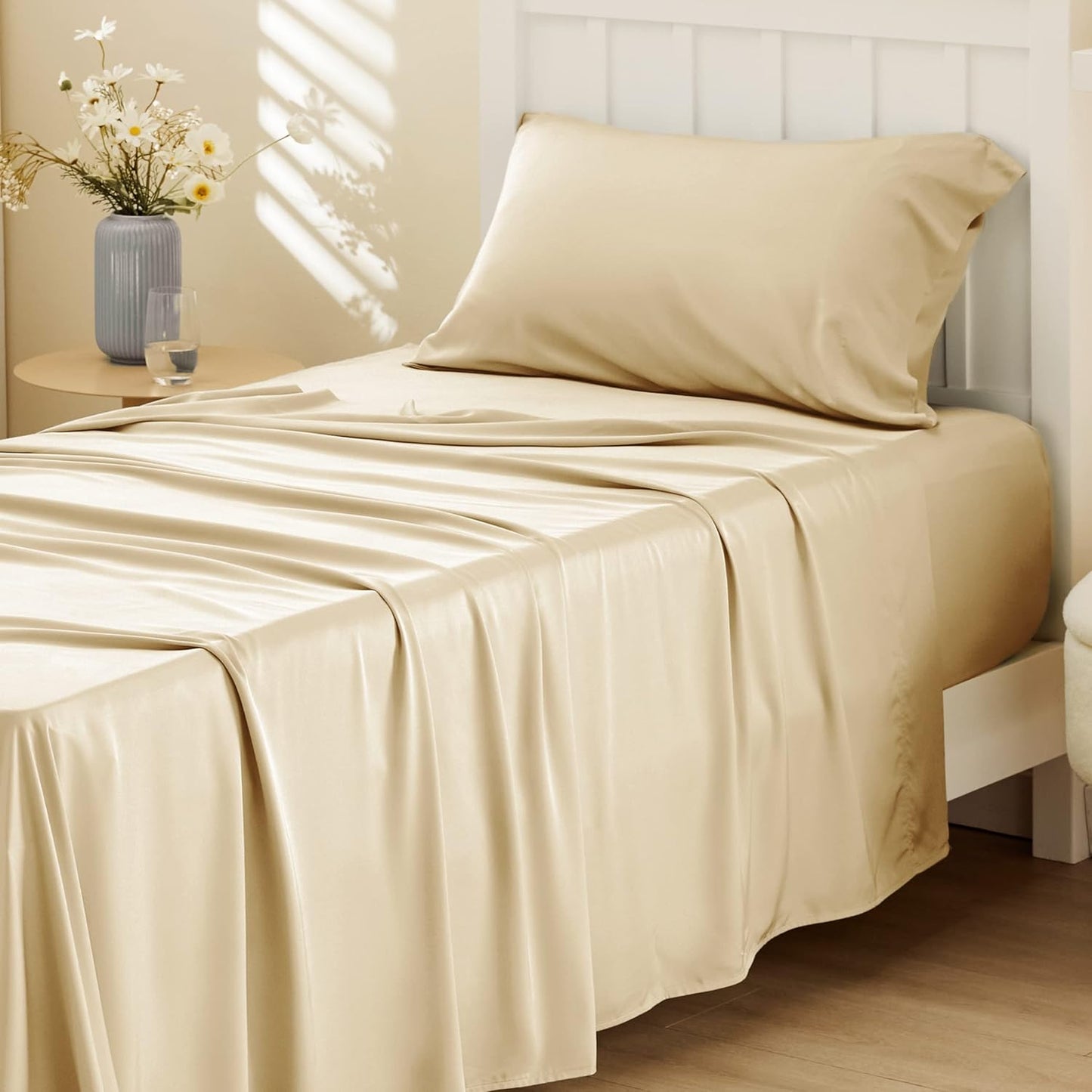 Bedsure Cooling Twin XL Sheets - Breathable & Soft Rayon from Bamboo, Deep Pocket Up to 16", Alabaster Gleam