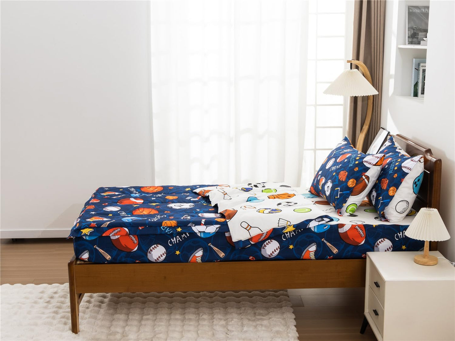 NTBED Sport Basketball Printed Zipper Bedding Sets Twin Lightweight Microfiber Football Comforter Sets with Fitted Sheet Pillow Covers,Blue