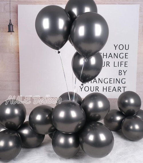 AULE Black Metallic Balloons - 12 Inch Chrome Latex Balloons for Birthday & Graduation Decor | 50 Pcs