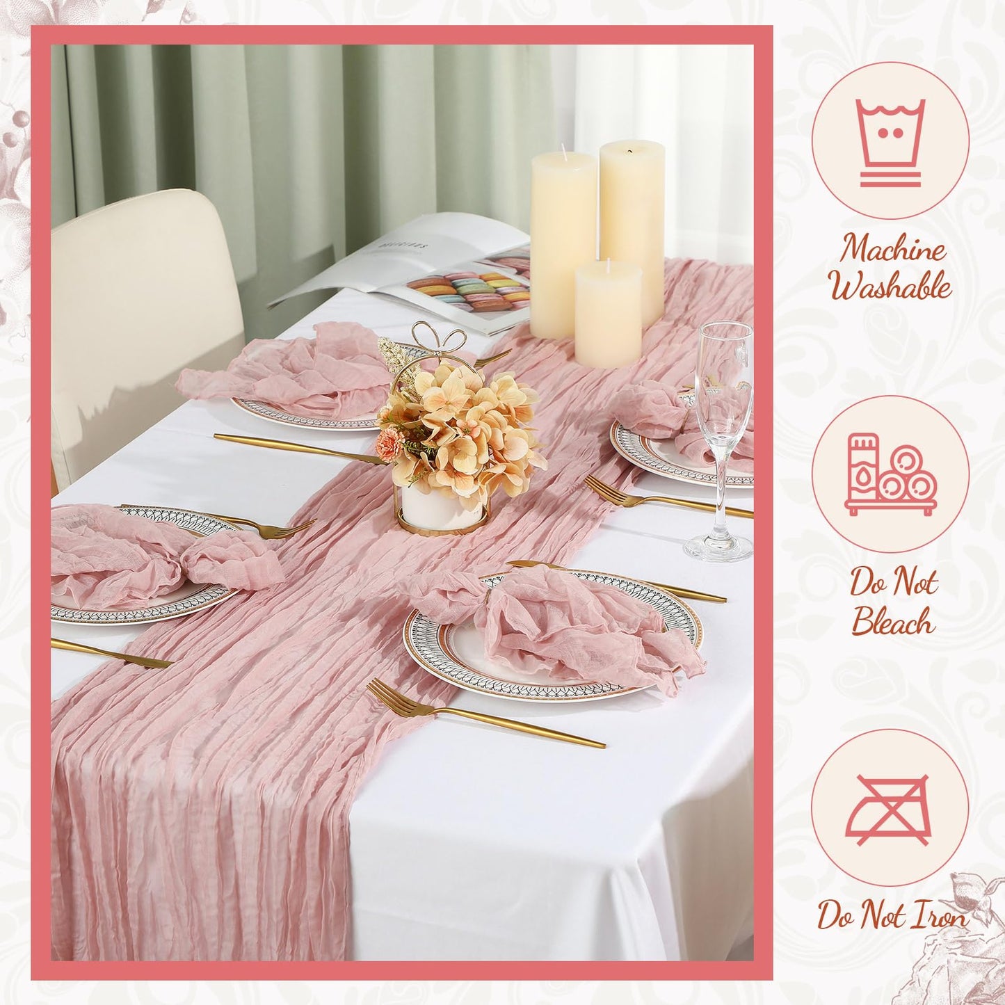 Windkream 2 Cheesecloth Table Runners and 24 Napkins Set, 10Ft Boho Cheese Cloth Table Runners 20 x 20 Inch Rustic Wrinkled Gauze Napkins for Wedding Birthday Baby Shower Party Decor (Dusty Pink)