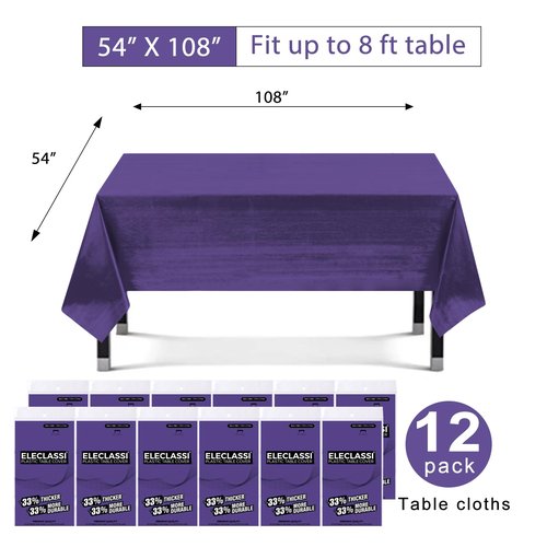 Eleclassi Purple 12 Pack Premium Disposable Plastic Tablecloth 54 x 108 in - Plastic Table Cloth Disposable Tablecloth for Rectangle Table Up to 8 Feet