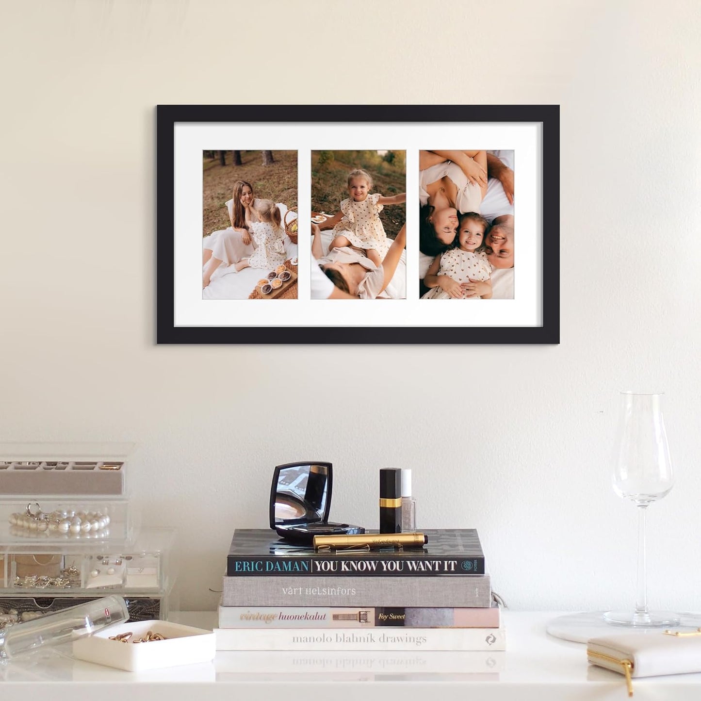Upsimples 8x14 Collage Picture Frame - Display 3 Photos (4x6) with Mat or 8x14 Without Mat, Black