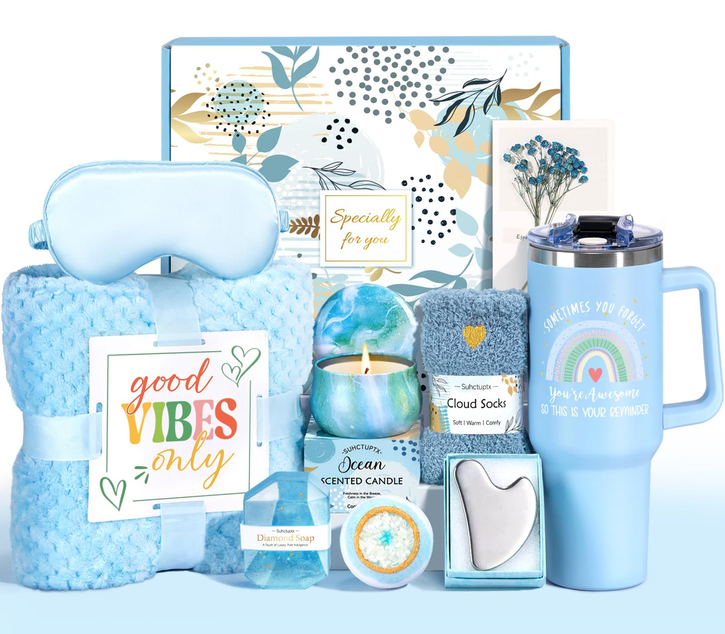 Suhctuptx Birthday Gifts for Women, Unique Self Care Gifts Get Well Soon Basket, Christmas Relaxing Spa Gift Care Package w/Flannel Blanket 40 oz Tumbler, for Mom Her Sister Friend