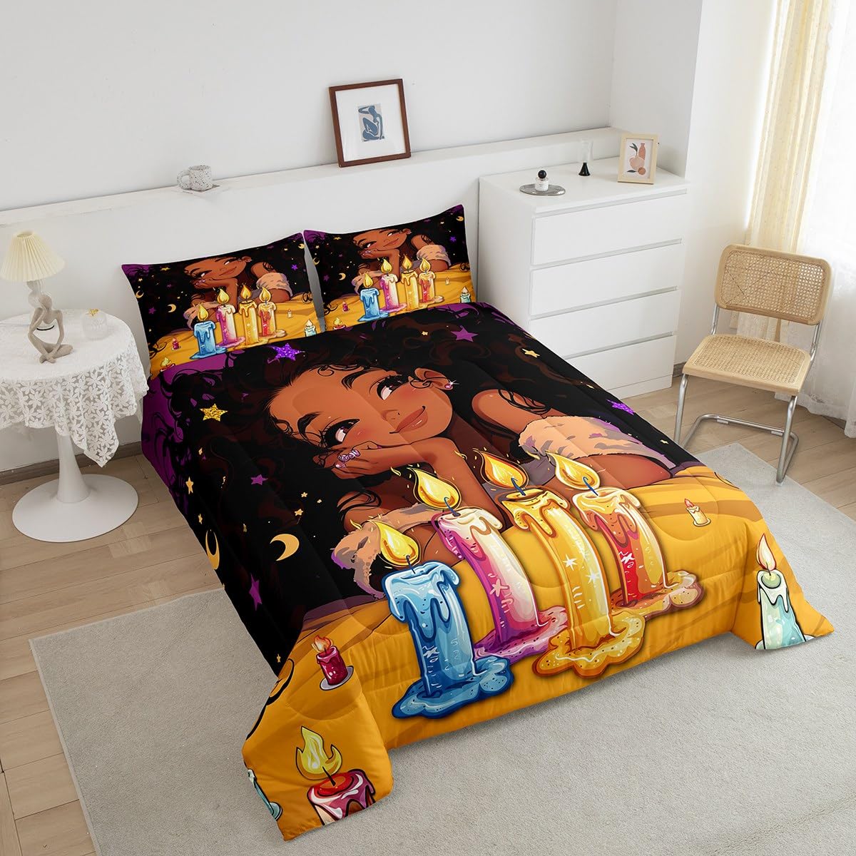 Afro-American Girl King Comforter Set for Little Girl,Afro Kid Princess Melanin Bedding Comforter Sets,Toddlers American Black Girls Quilt for Girls Bedroom,Happy Birthday Candle Gift