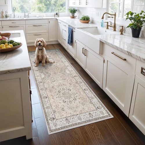 Hallway Washable Runner Rug - Vintage Soft Non-Slip Indoor Carpet for Kitchen & Entryway | 3x6 Beige