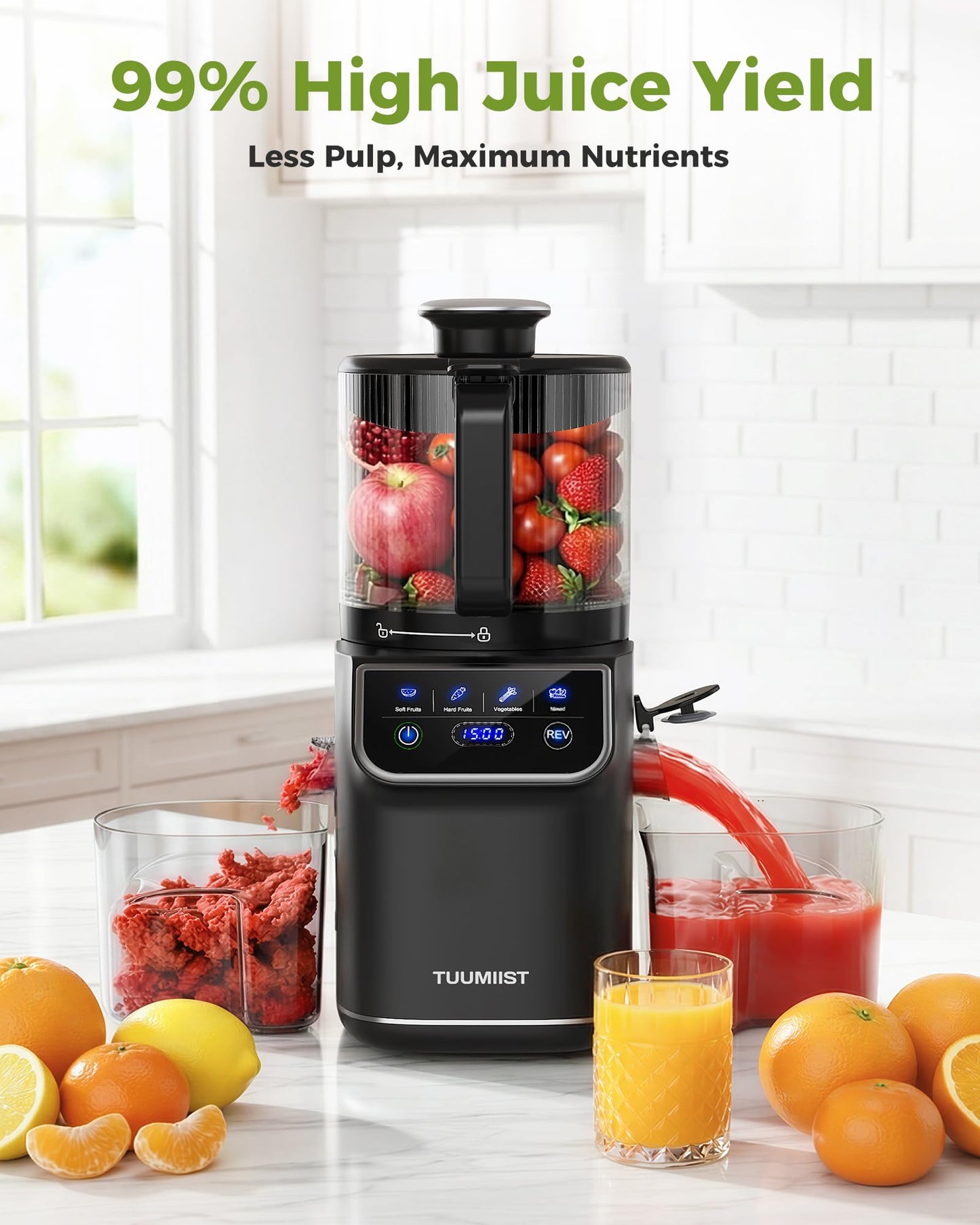 TUUMIIST 3-in-1 Cold Press Juicer Machine, Smart Touch Masticating Juicers for Whole Fruit & Vegetable, 6.5" Wide Chute Slow Juicer for Nut Milk & Sorbet, High Yield, 100oz Large Capacity, Easy Clean