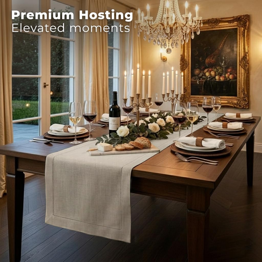 Signature Linen™ by D'Moksha Natural Table Runner 72 Inches Long, 100% Pure Linen, Hemstitch, 14 x 72 Inch Table Runner for Dresser, Dining- Mothers Day, Spring, Summer