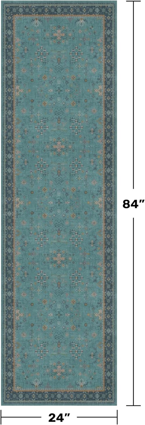 Hazo Haus Boho Non-Slip Kitchen Rug Runner - 2x7 Teal Washable Vintage Floral Indoor Mat