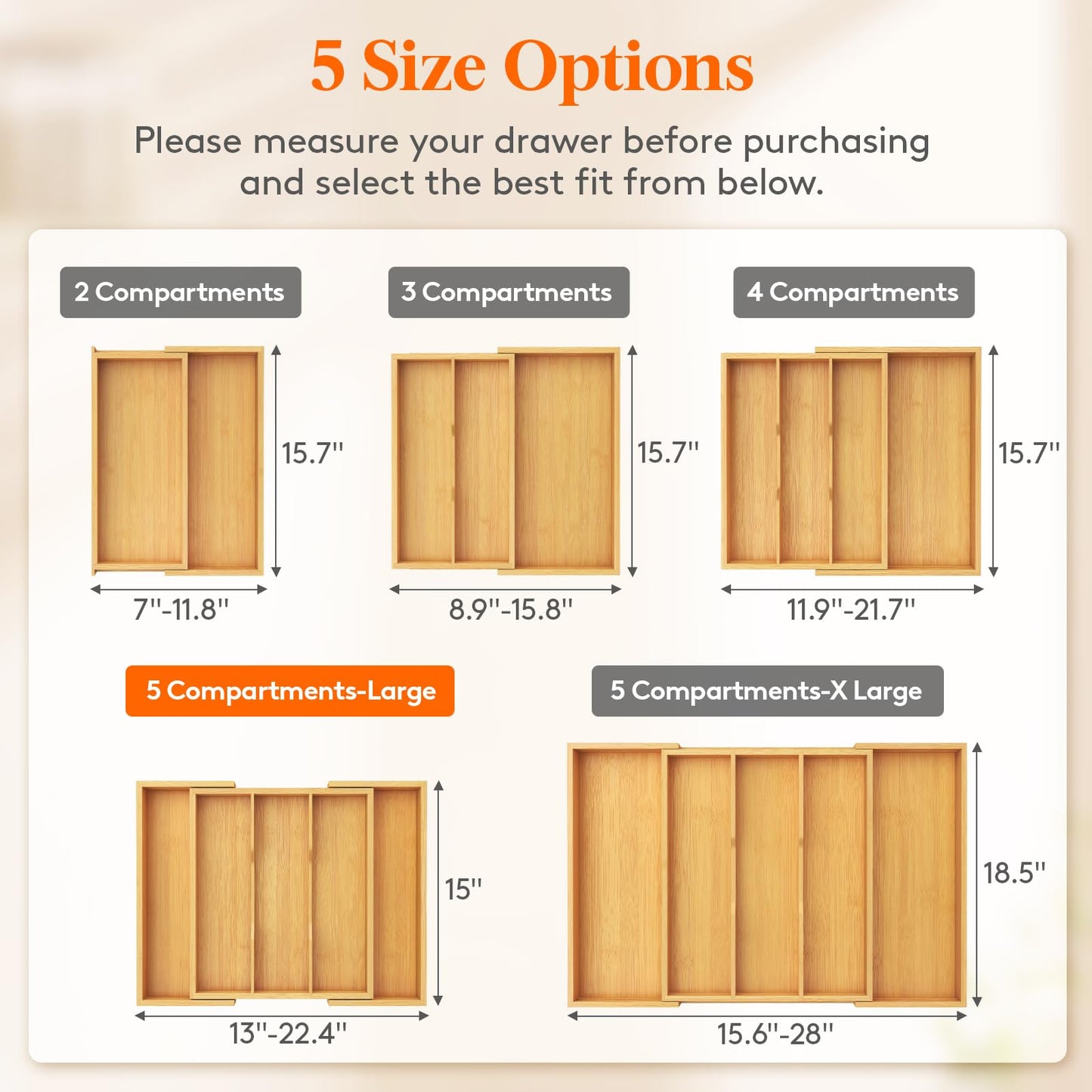 Lifewit Utensil Organizer for Kitchen Drawer, Expandable Cooking Utensil Tray, Cutlery Silverware Flatware Holder, Wood Adjustable Spatula Tools Storage Divider, 13-22x15/ 33-56x38cm, Natural