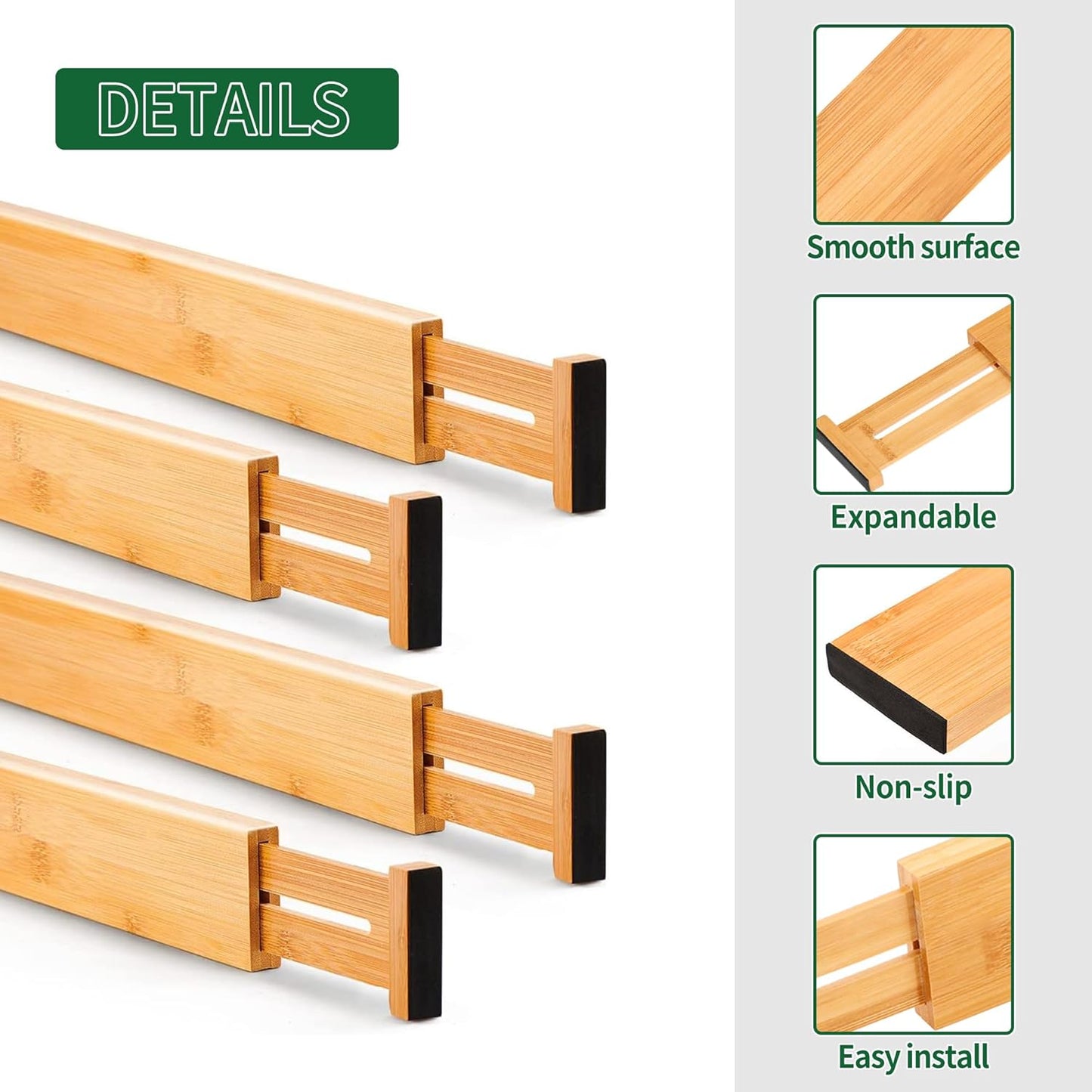 Utoplike Bamboo Drawer Dividers - Adjustable & Expandable Organizers for Kitchen, Dresser, Bathroom | 4 Pcs Set