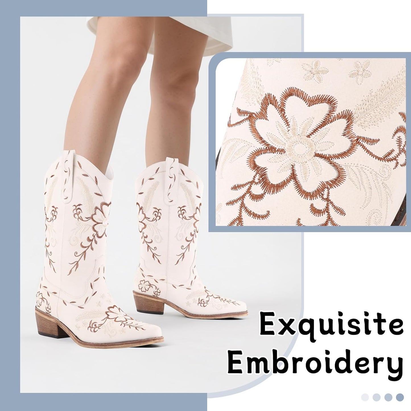 LingxiaUne Western Cowboy Boots - Stylish White Mid Calf Cowgirl Boots with Bow | Comfortable Chunky Heel