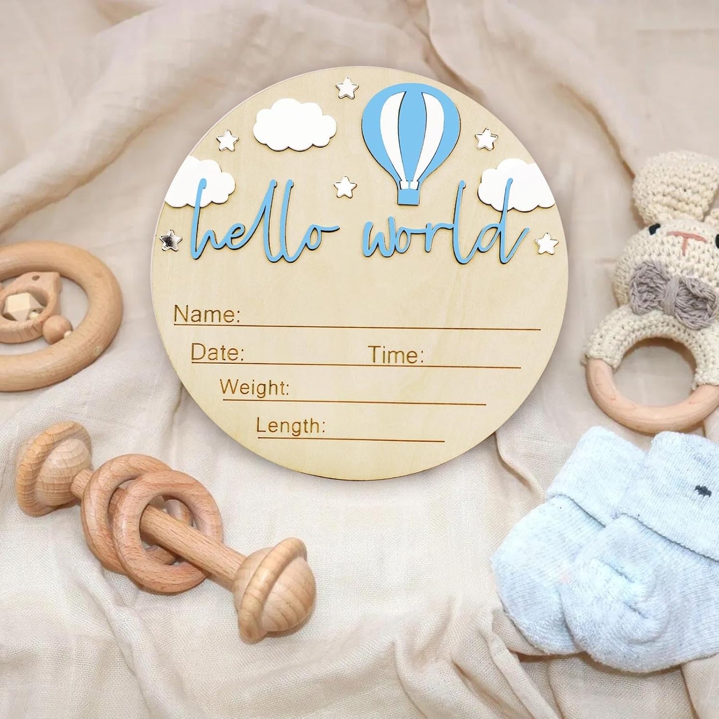 Skiennix Baby Announcement Sign - 5.9 Inch Wooden Hello World Newborn Sign with Hot Air Balloon & Cloud (Blue)