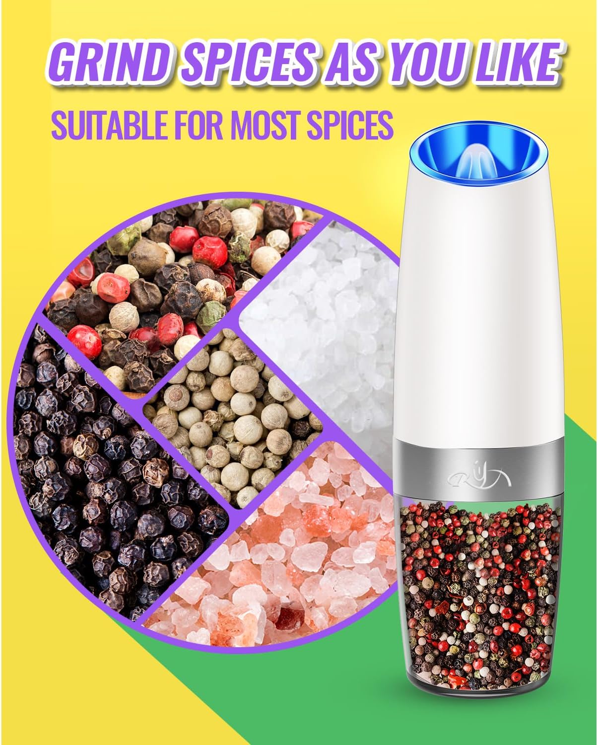 Rongyuxuan Electric Pepper and Salt Mill Set - Automatic Grinder with Blue LED Light, Adjustable Coarseness
