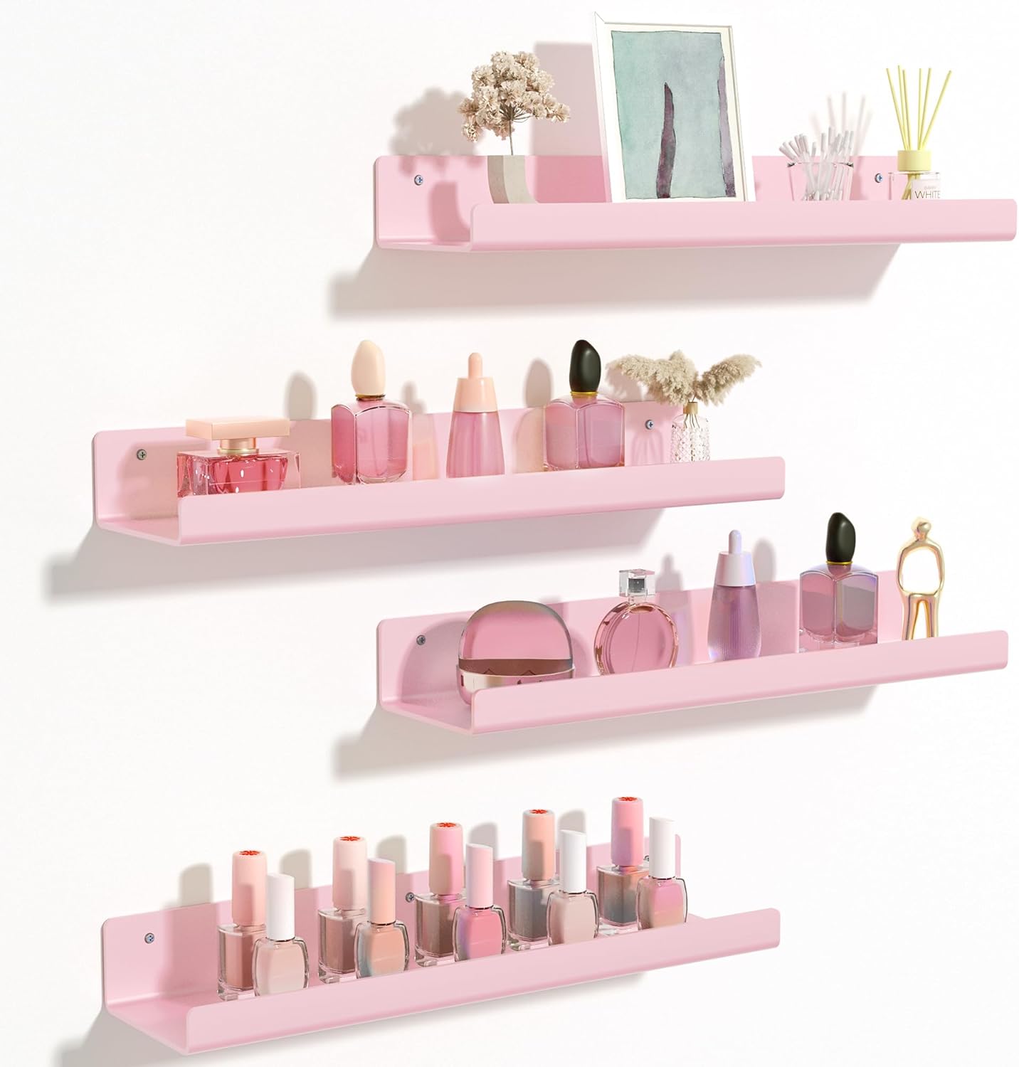 Upsimples Acrylic Wall Shelves - 15" Floating Display Shelf Set for Perfume & Books | Pink, 4 Pack