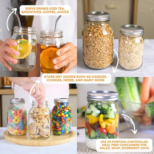FastRack Regular Mouth Glass Mason Jars with Metal Airtight Lids | 16 oz - Pack of 8 | Large Glass Jars for Food Storage with Lids | Ideal for Canning, Fermentation, Pickling, Kombucha Brewing