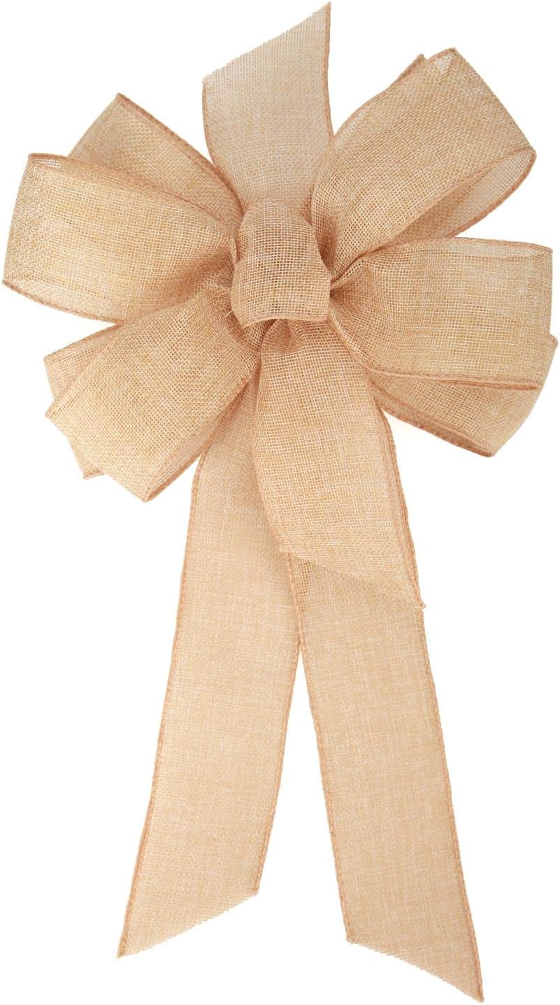 Meseey Burlap Ribbon - 10 x 20 Inch Rustic Jute Bow for Wreaths & Party Decorations - Linen