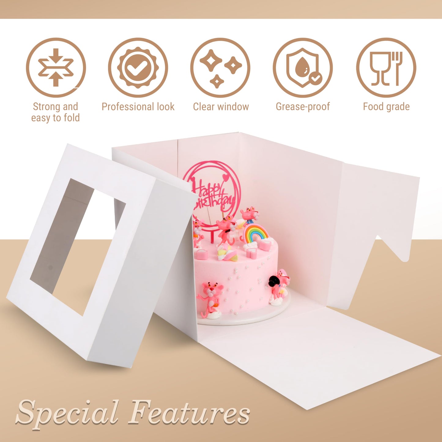 Cakebon Cake Boxes - 8x8x8 Inch 24-Pack Cajas Para Pasteles - Cake Box With Window for Birthdays, Weddings and Parties