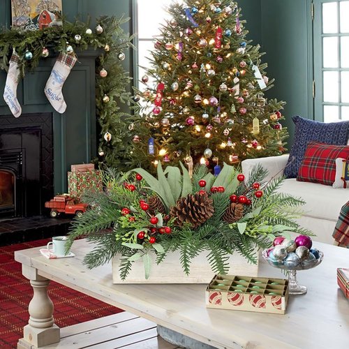 GnFlus Christmas Centerpieces - Artificial Pine Tree with Pinecones & Eucalyptus in White Wooden Pot
