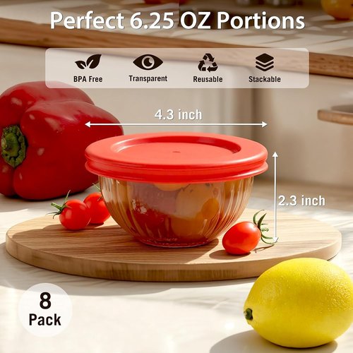 Freshmage Small Glass Bowls - 8 Pack Meal Prep Containers with Lids | Stackable & Microwave Safe, 6.25 Oz