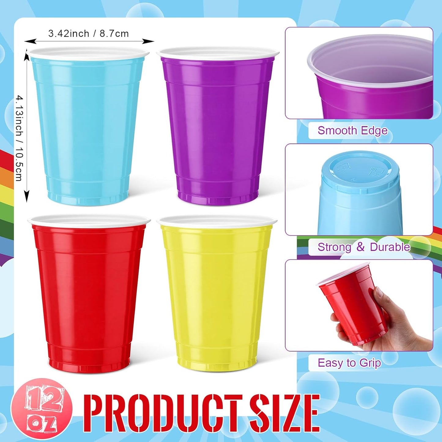 Reallnaive 12 oz Rainbow Color Disposable Plastic Party Cups - 100 Pcs Durable & Lightweight for Events | Home Use