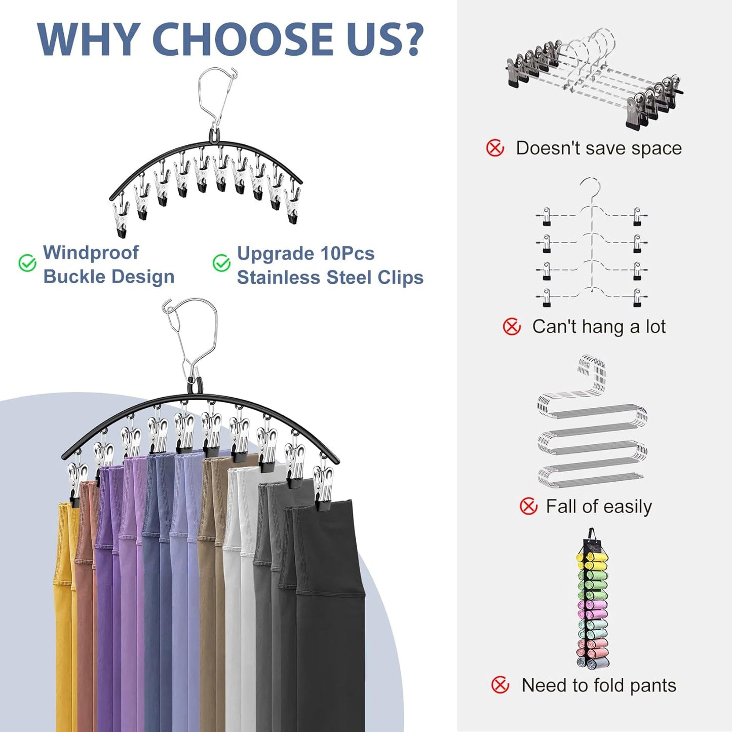 Skiennix 3-Pack Skirt Pants Hangers - Space-Saving Closet Organizer with 10 Clips for Leggings & Shorts | Black