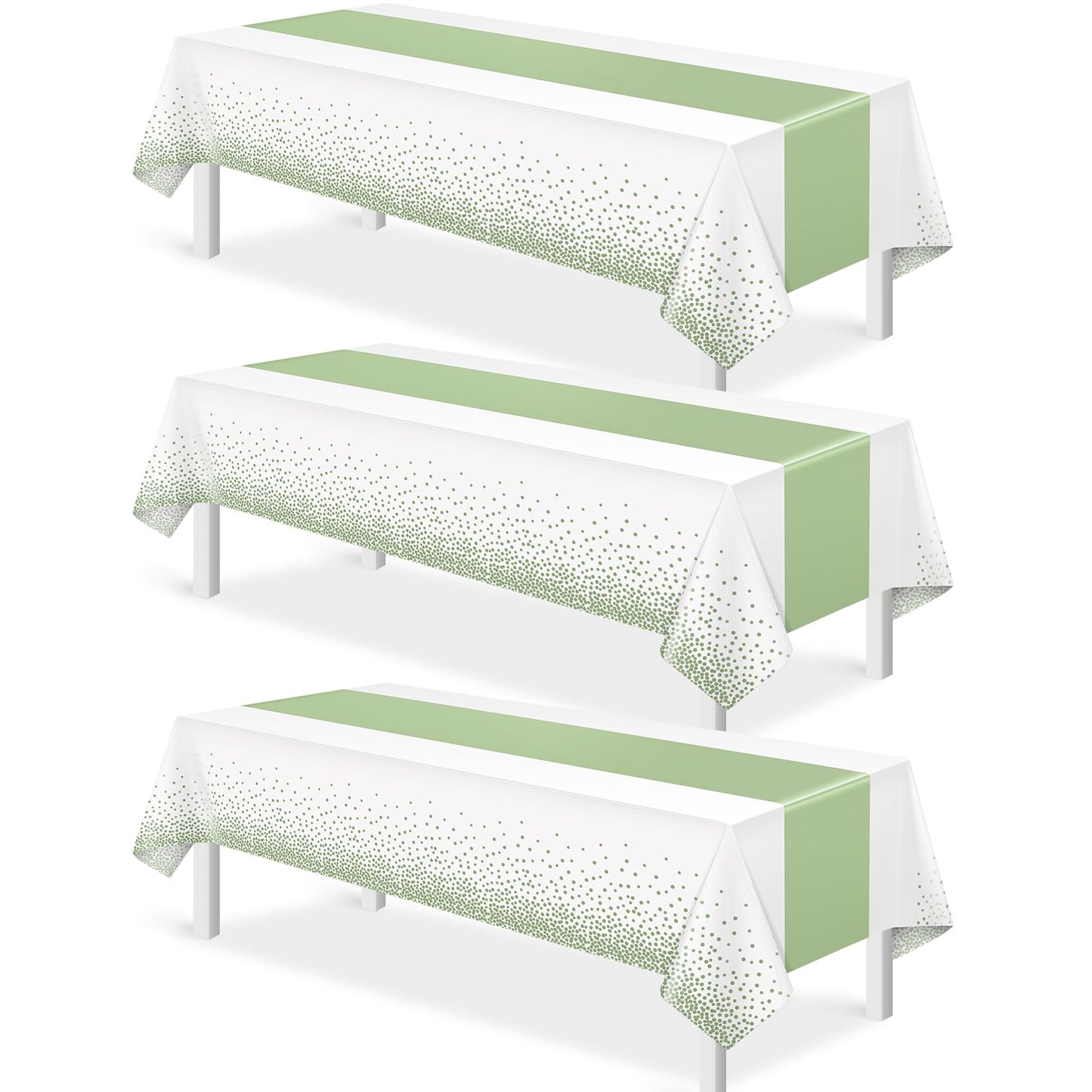 3Pcs White and Sage Green Tablecloth Decorations,Plastic White Table Cloth Printed Green Table Runner Disposable Rectangle Tables Cover for Birthday Wedding Anniversary Graduation Party,54 x108 Inch