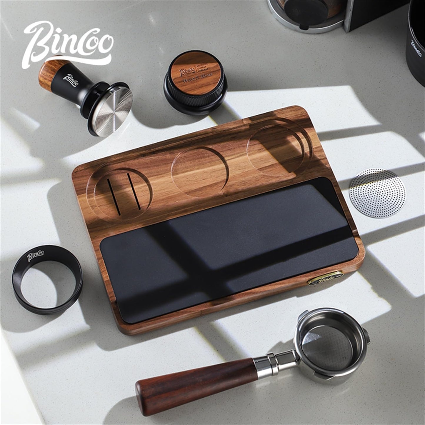 Bincoo Wood Espresso Tamping Station for 51 53 54 58mm Espresso Tools,Tampere Holder Station with Multi-Slot for Home Coffee Bar,Tamping Mat for Counter(WOOD)