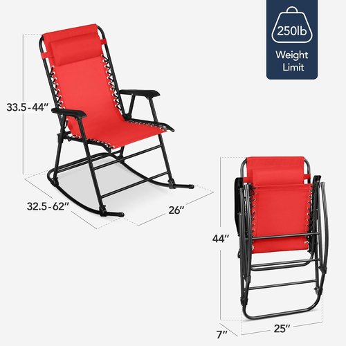 Best Choice Products Outdoor Zero Gravity Rocking Chair - Folding Reclining Patio Lounge with Adjustable Pillow | Crimson Red