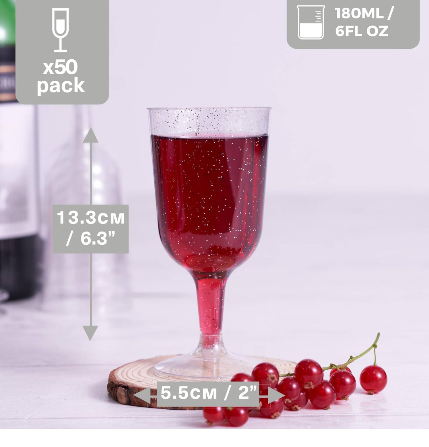 MATANA 50 Elegant Clear Hard Plastic Wine Glasses with Silver Glitter (6 oz) - Sturdy & Reusable Glasses for Cocktails, Dessert - Birthdays, Weddings, Christmas, BBQ, Picnic, Parties