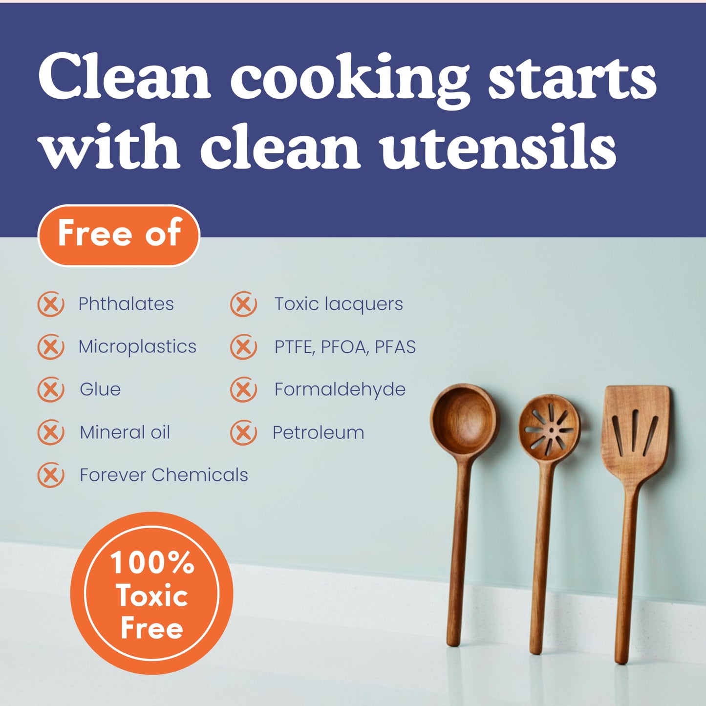 Non-Toxic Cooking Utensils – 6-Piece Kitchen Utensils Set, Glue-Free & One-Piece Wooden Spoons for Cooking, Natural Wooden Utensil Set with Plant-Based Finish, Free of Forever Chemicals