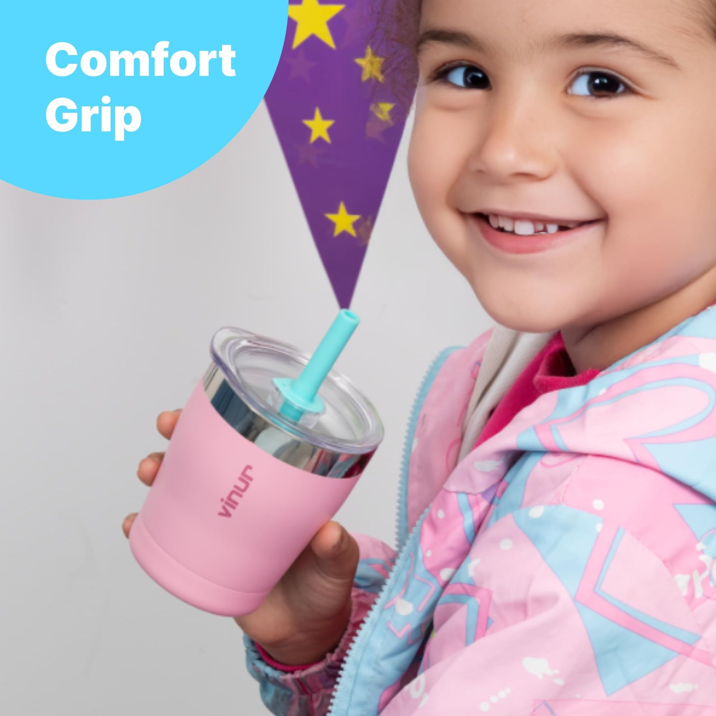 VINUR Kids 9 oz Tumbler with Lid and Straw|18/8 Stainless Steel Insulated Drinking Cup with Silicone Base|Spill Resistant|Gift for Girls and Boys, Sky Blue