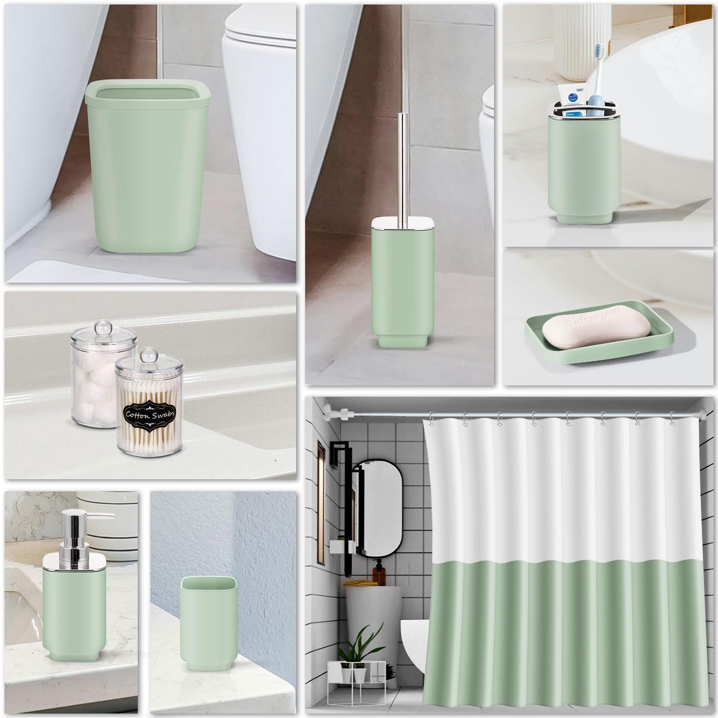 Bathroom Set - 9 Pcs Green Bathroom Accessories Set with Trash Can,Soap Dispenser,Tray,Soap Dish,Toothbrush Holder&Cup,Toilet Brush Holder, 2 Qtip Holder Dispenser
