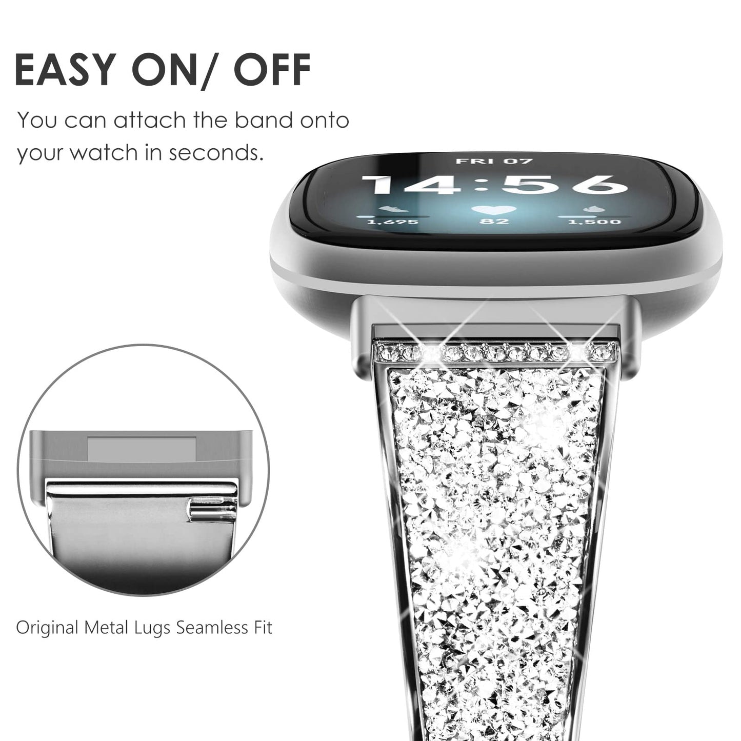 NewWays Compatible with Fitbit Versa 3/ Fitbit Versa 4 Band for Women, Crystal Bling Jewllery Bangle Compatible for Fitbit Versa 3 4 Sense Sense 2, with Stopper Toggle Closure, Silver
