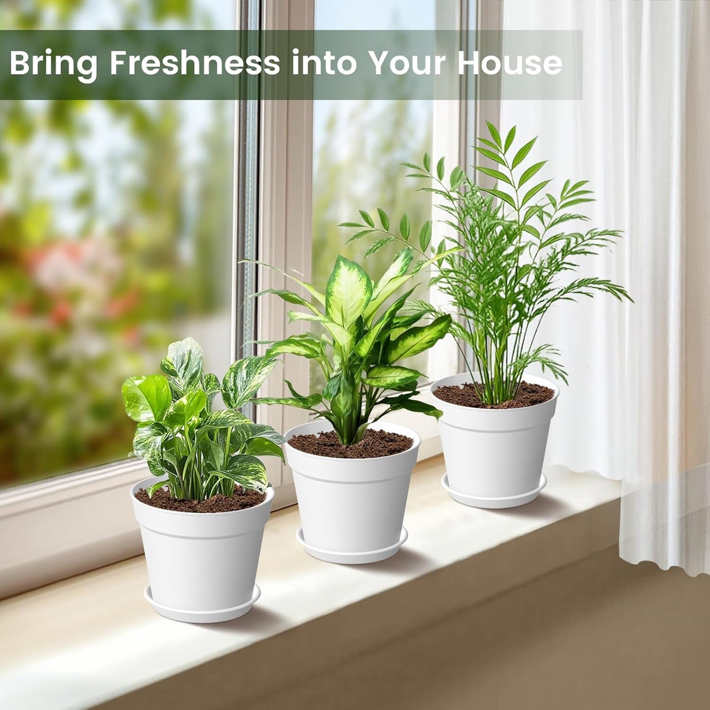 Skiennix 6-Inch Plant Pots - 10 Pack with Drainage & Saucers | Stackable White Plastic Planters for Indoor & Outdoor Use